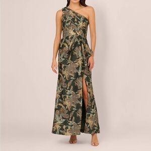 ADRIANNA PAPELL One Shoulder Jacquard Dress - Green Gold